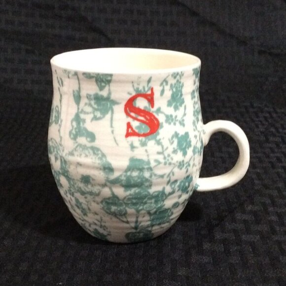 Anthropologie Coffee Mug Monogram Lower Case s Curved Sage Coral Floral Garden - Picture 1 of 6